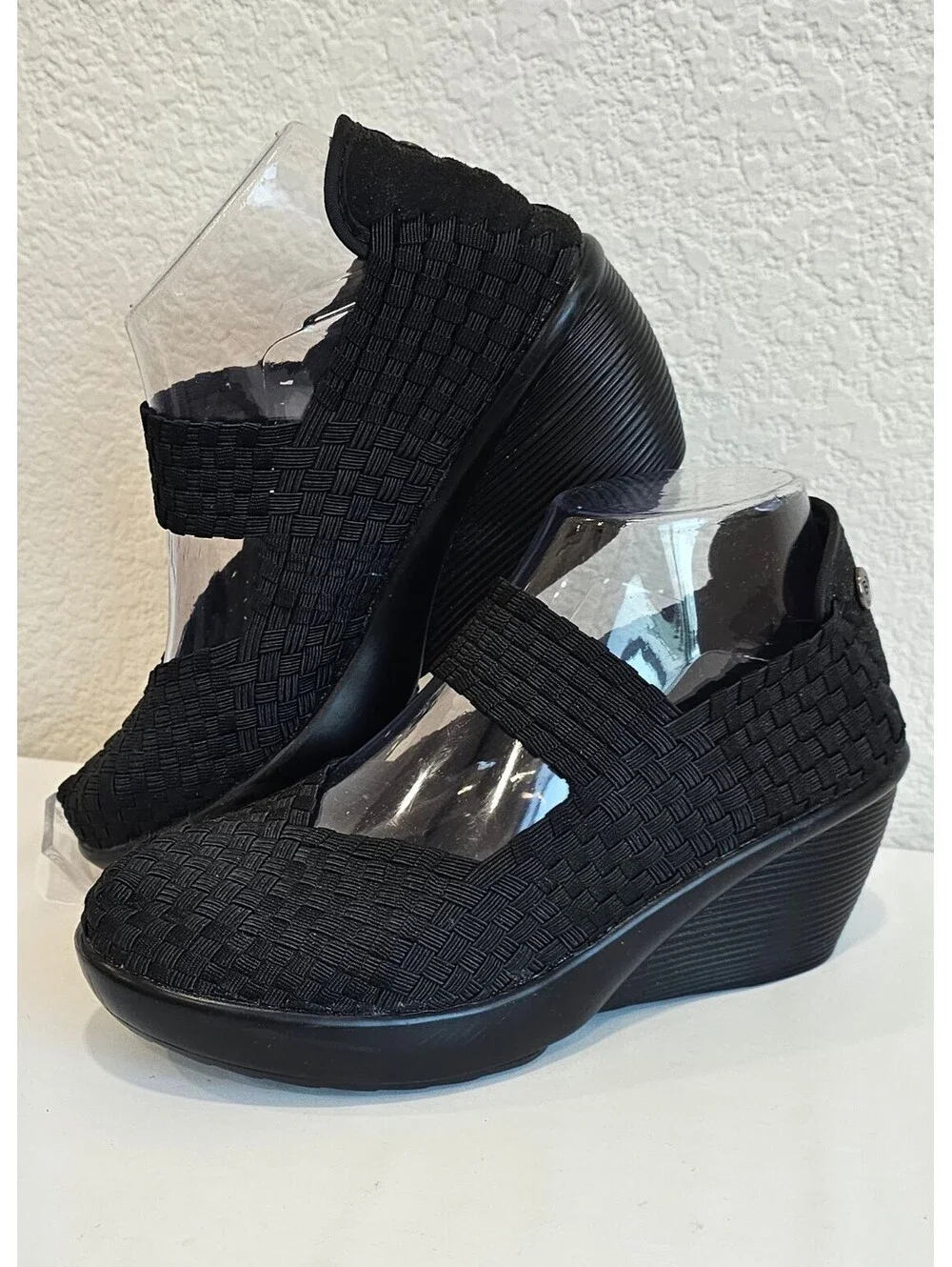 Bernie Mev Women's Black Woven Mary Jane Wedge Shoes Size 37, US 6-6.5